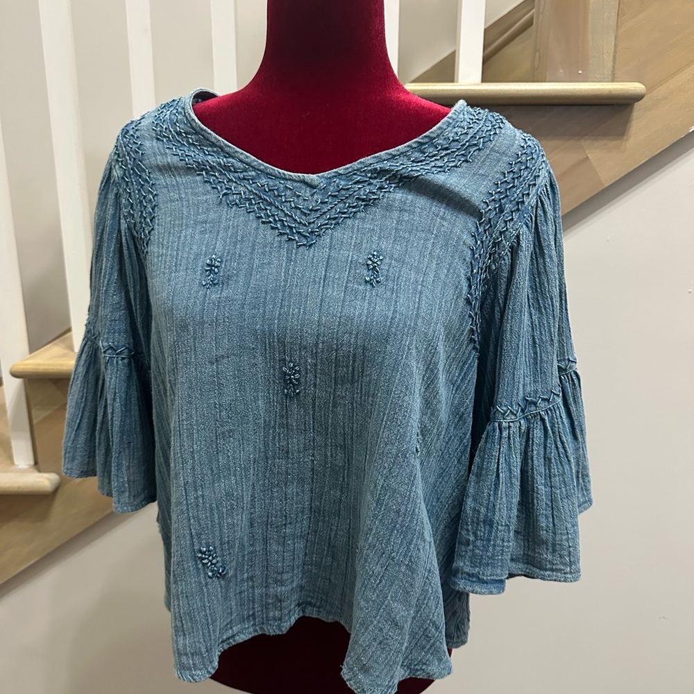 Rachel Zoe Blue Textured Blouse with Flared Sleeves
